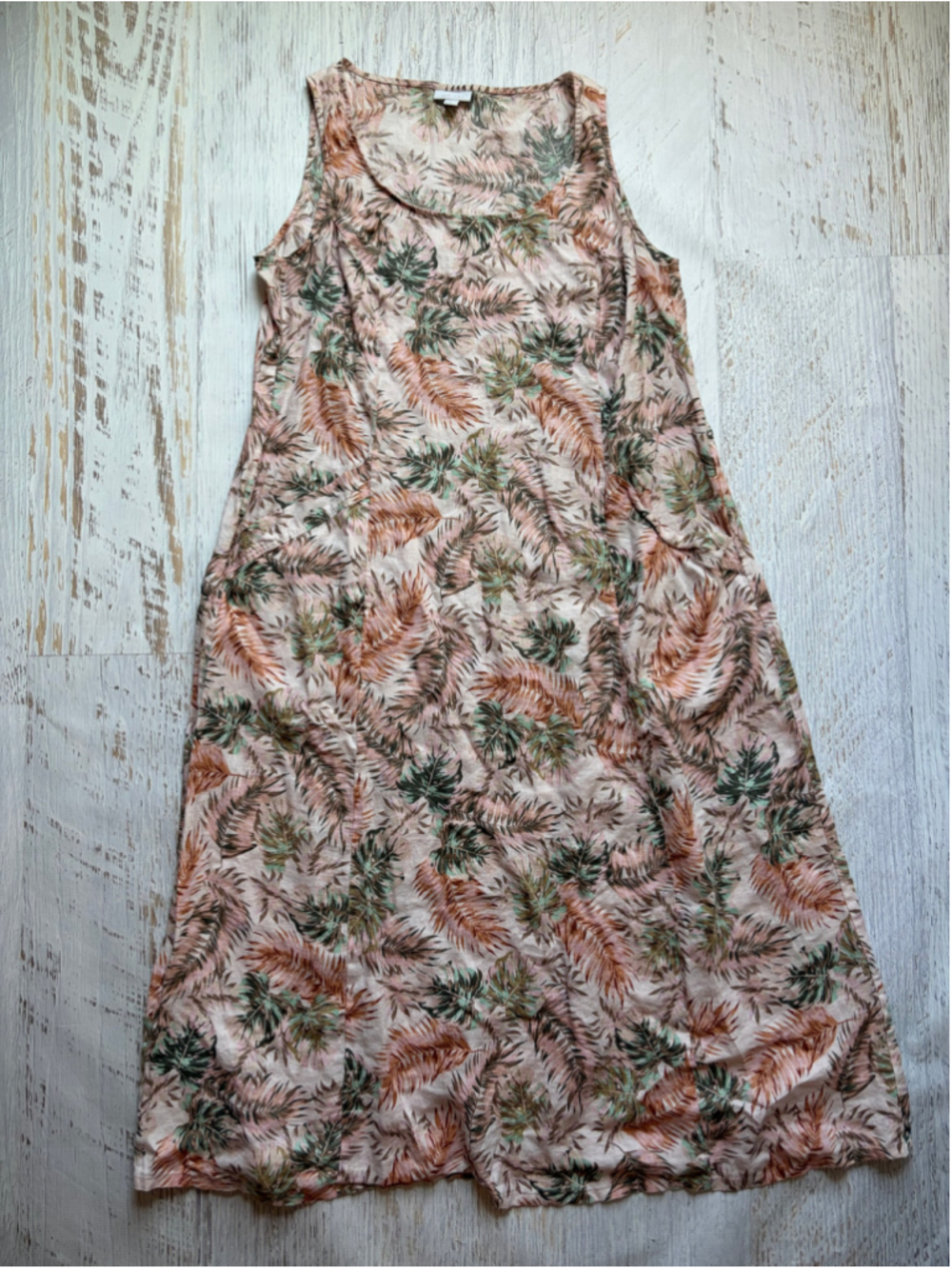 Women's J.Jill Linen Midi Dress XL Beige Green Tropical Leaf Print